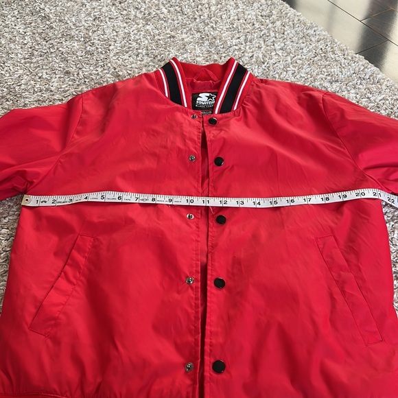 Starter Red Button Up Bomber Jacket with Stripe Sleeves, Waistband and Neck Sz M - Picture 8 of 10